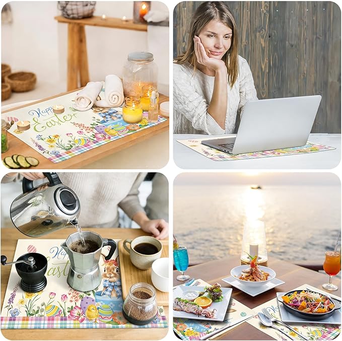 comfoyar Easter Bunny Egg Placemats Set of 4, 12x18 Inch Non-Slip Linen Flower Chick Place Mats, Washable Absorbent Table Mats for Kitchen Dining Party Table Decoration