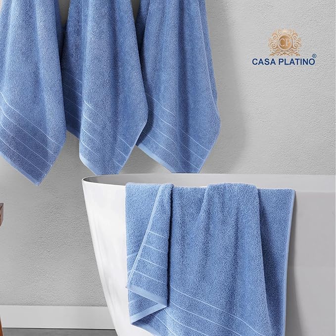Casa Platino Cotton Bath Towel 18 Piece Set - Super Soft, Quick Dry & Absorbent - 6 Bath, 6 Washcloths, 6 Hand Towels for Bathroom - Hotel Quality & Suitable for Family - Cerulean Blue
