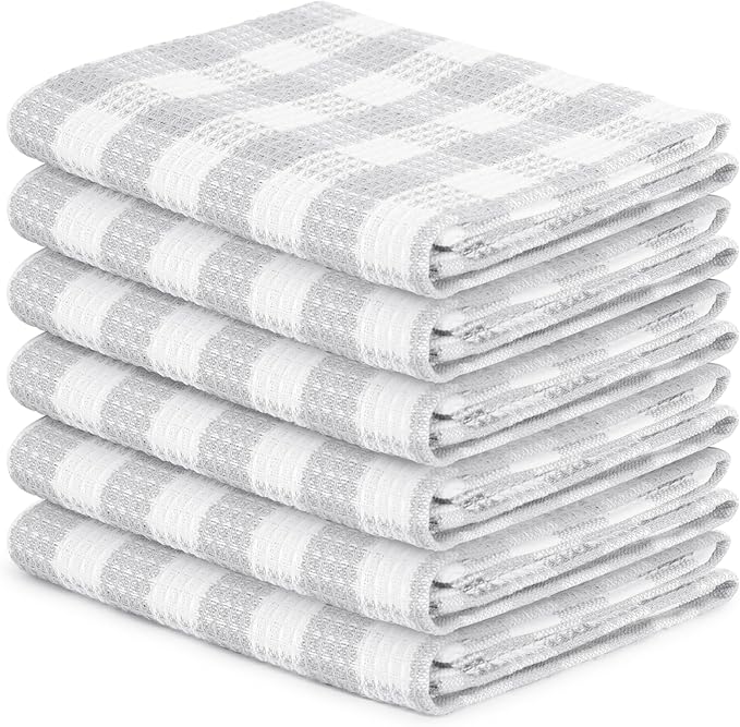 Blue Needles Set of 6 Waffle Weave Kitchen Towel, 15x25 Inches 100% Cotton Check Plaid Dish Towels for Kitchen, Soft & Absorbent for Quick Drying with Hanging Loop, Spring Summer - Ash Grey & White