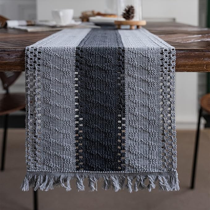 Alynsehom Macrame Table Runner Grey Boho Table Runners with Tassels Hand Woven Cotton Table Runner Rustic Farmhouse Table Runners for Bohemian Kitchen Dining Table(12x60in)