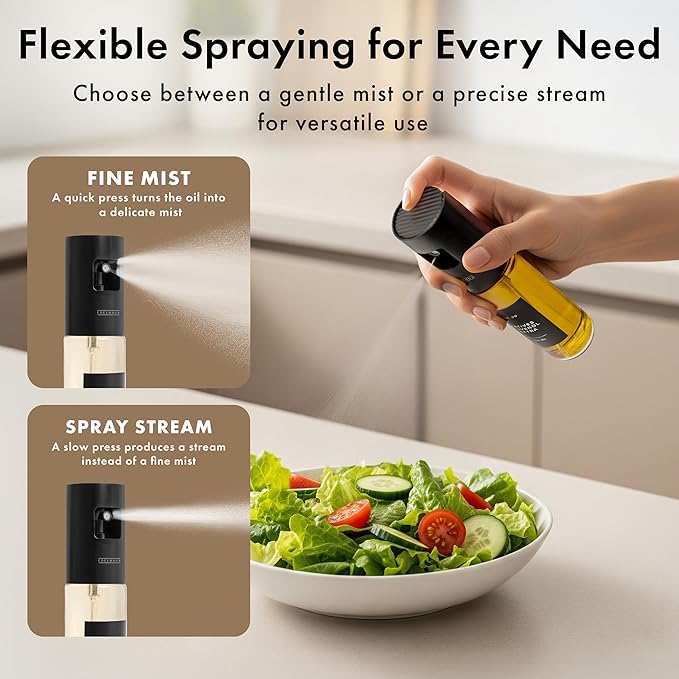 EDELHAUS Oil Sprayer Set of 2 Oil Spray Bottle Made of Stainless Steel & Glass, for Healthy Cooking, Sprayer for Precise Dosage, for Cooking Oil & Vinegar Including (Black Lids, 2 Pack)