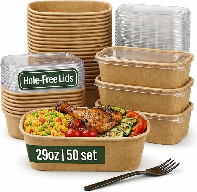 Leafiew 50 Pack 29Oz Disposable Meal Prep Containers With Lids - Microwave and Freezer Safe Kraft Paper Bowls with Lids and Forks - Disposable Food Containers - To Go Bowls for Food Prep and Salad
