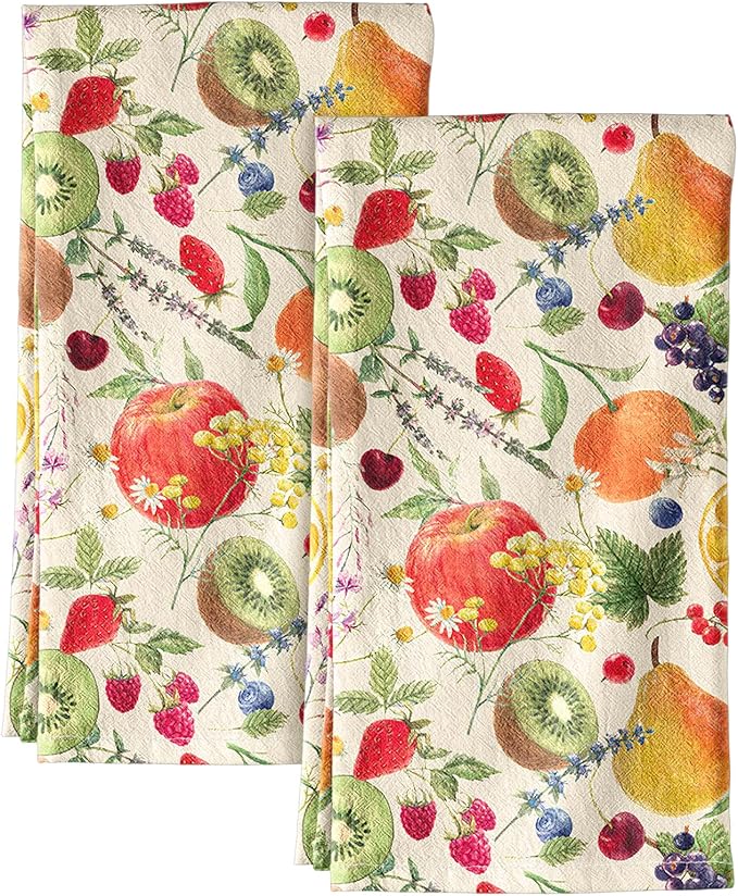 Miss Adola Flour Sack Kitchen Towels - Set of 2 Cotton Dish Towels with Hanging Loop Decorative 18x26 Inch Absorbent Cute Design for Housewarming Gifts, Fruits