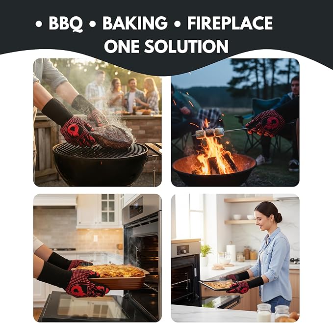 BBQ Grill Gloves, 1472°F Extreme Heat Resistant Grilling Gloves Non-Slip Oven Mitts Potholder, Perfect for Barbecue, Cooking, Baking, Fireplace, Smoker - 2 Pair