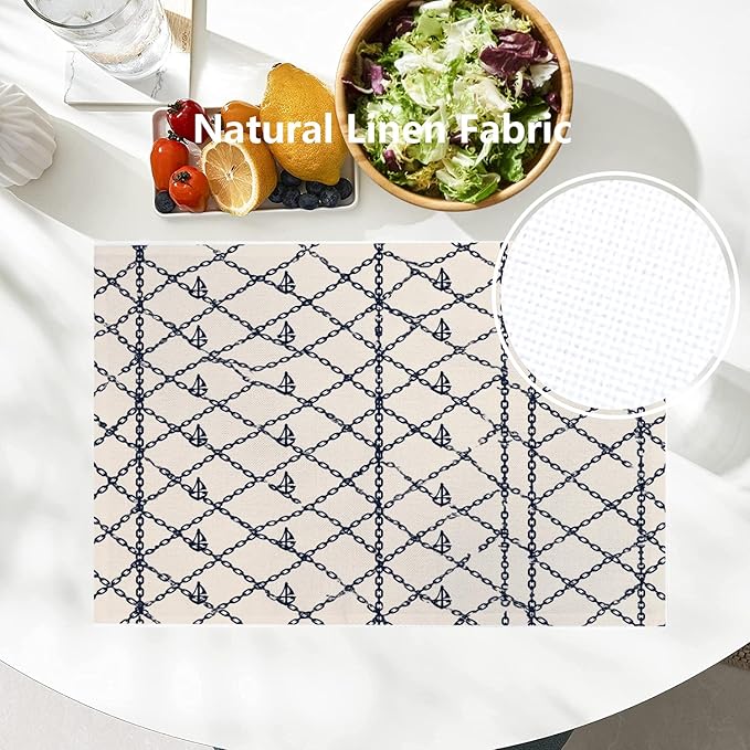Batmerry Maritime Anchors Placemats, Chain Link Nautical Elements Washable Linen Table Mats for Kitchen Table Double Insulation Decor Dining Set Indoor Outdoor 12X18 in Set of 4