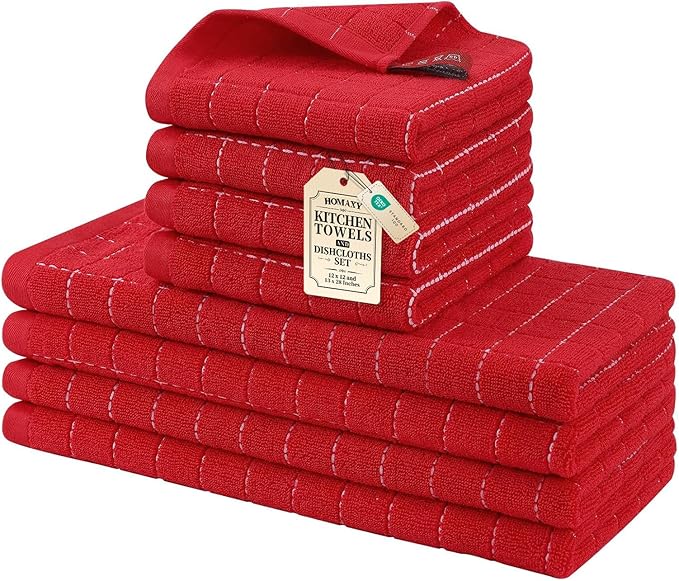 Homaxy Kitchen Towels and Dishcloths Set, 12 x 12 and 13 x 28 Inches, Set of 8 Bulk Cotton Terry Kitchen Towels Set, Checkered Designed, Soft and Super Absorbent Dish Towels, Red