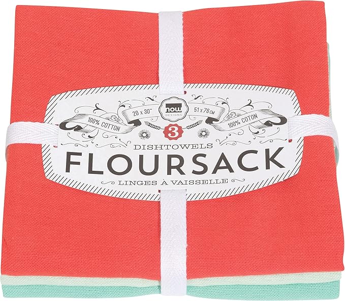 Now Designs Floursack Kitchen Towels Quick Dry Cotton Hand Towel Set, 3 Count, Fiesta/Jade/Lucite, 20 x 30 in