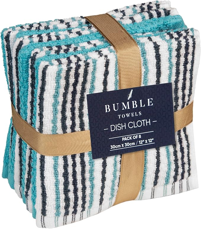 Bumble Premium Dish Cloths Towel 12"x12" | 100% Natural Ring Spun Cotton Tea Towel Set | 430 GSM | Highly Absorbent & Soft Dish Towels | 8 Pack - 4 Popcorn Striped & 4 Solid Kitchen Towels - Aqua