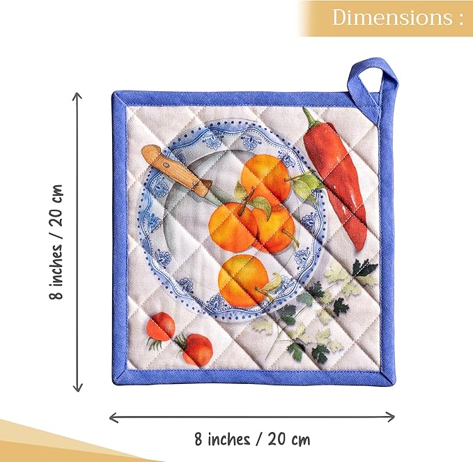 Maison d' Hermine Pot Holders 100% Cotton Heat Resistant Potholders 8" x 8" Hot Pads with Loop BBQ Cooking Baking Gifts for Mothers Day Handling Hot Pans Spring/Summer (Pack of 2, Gourmand)