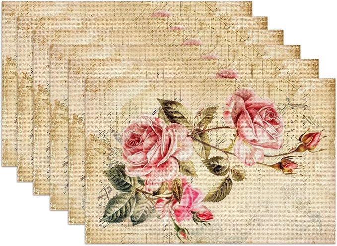 Vintage Rose Placemats Set of 6,12x18 Inch Spring Floral Linen Place Mat Washable Stain Resistant Table Mats for Spring Summer Seasonal Farmhouse Kitchen Party Home Decor