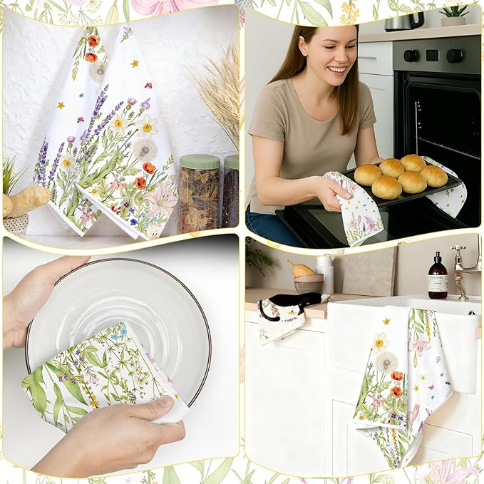 2Pcs Wild Flower Kitchen Towels-16×24in Spring Floral Kitchen Dish Towels, Absorbent & Quick Dry Hand Tea Towels for Holiday Home Decor Easter Mother‘s Day Gifts