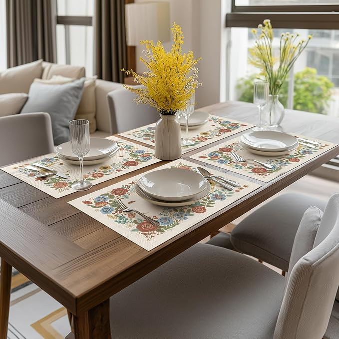 Artoid Mode Beige Florals Butterfly Spring Vinyl Placemats Set of 4, Washable Non-Slip Plastic Table Mats for Vintage Holiday Party Kitchen Dining Decor