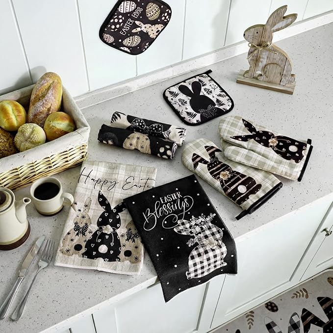 VitalCozy 10 Pcs Easter Kitchen Decor Set Oven Mitts and Pot Holders Rabbit Kitchen Towels Bunny Rugs and Mats for Chef Baking Cooking Grilling BBQ Gift