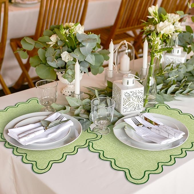Whaline Green Placemats Embroidered Scalloped Kitchen Place Mats for Spring Baby Shower Party Home Dining Table Decor, Set of 6, 13 x 19 in
