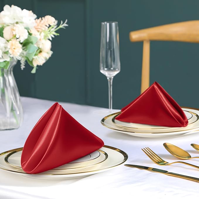 100 Pack Red Satin Napkins and Napkin Rings Set,12 x 12 Inch Silky Soft Cloth Napkins Set of 50,Square Satin Dinner Table Napkins Bulk for Wedding Banquet Restaurant Graduation Party Decoration