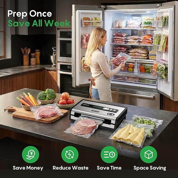 FRESKO Automatic Vacuum Sealer for Food, Hands-Free Operation Food Sealer, Continuous Seal 50 Bags in 20 Mins, Built-in Cutter & Roll Storage, Powerful Suction for Meal Prep & Bulk Food Storage