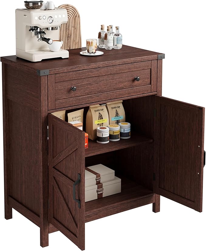 ChooChoo Kitchen Storage Cabinet, Coffee Bar Cabinet, Farmhouse Buffet Sideboard with Drawer for Kitchen, Living Room, Walnut