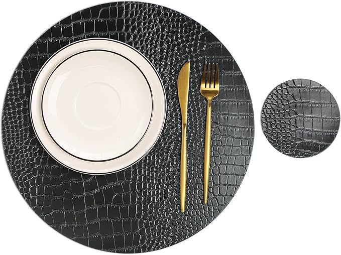 Round Leather Placemats for Round Tables Set of 8, Black Table Place Mats and Coasters, Washable Easy to Care for Indoor Decor 13" Diameter