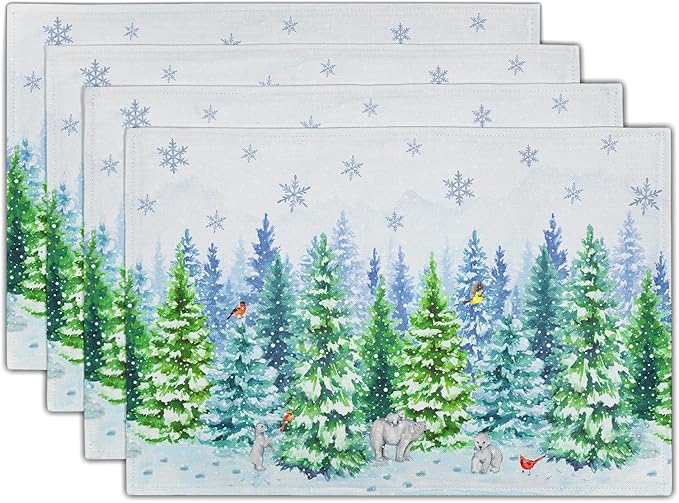 Watercolor Christmas Bears Place Mats - Winter Birds Placemats Set of 4 Snowflake Trees Art Table Mat for Indoor Outdoor Dining Decorations 12 x 18 Inch