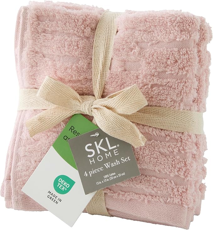 SKL Home CloudSoft 100% Cotton Luxury 4-Piece Washcloth Set, 520 GSM, Ultra Plush & Absorbent, Blush Pink