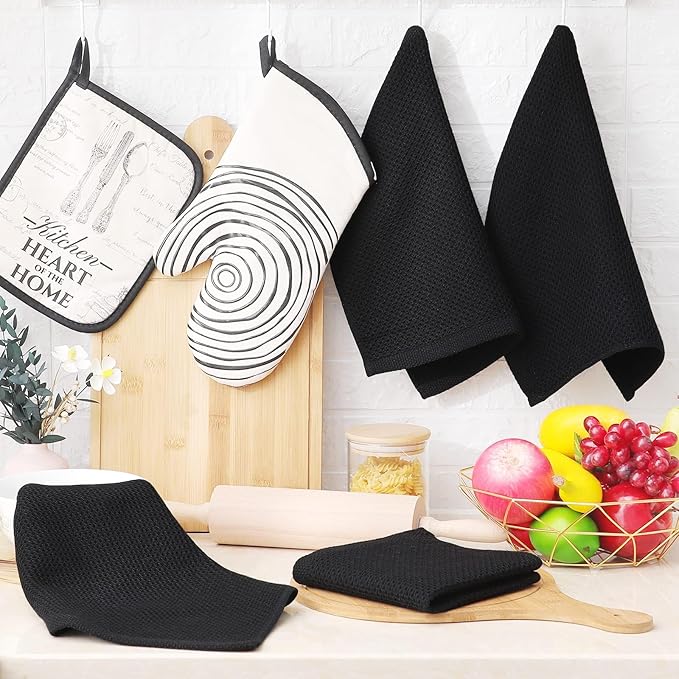 Homaxy 100% Cotton Waffle Weave Kitchen Dish Cloths, 4-Pack Ultra Soft Absorbent Dish Towels, Quick Drying Dish Rags, 12 x 12 Inches, Black