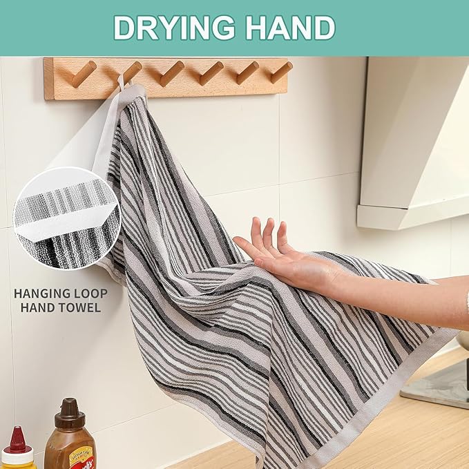 SALAS Kitchen Dish Towels for Drying Dishes, Large Cotton Kitchen Cloths Hand Towels, Stripped Terry Dish Cloths, Thick Highly Absorbent Towel Sets with Hanging Loop, 16" X 26"