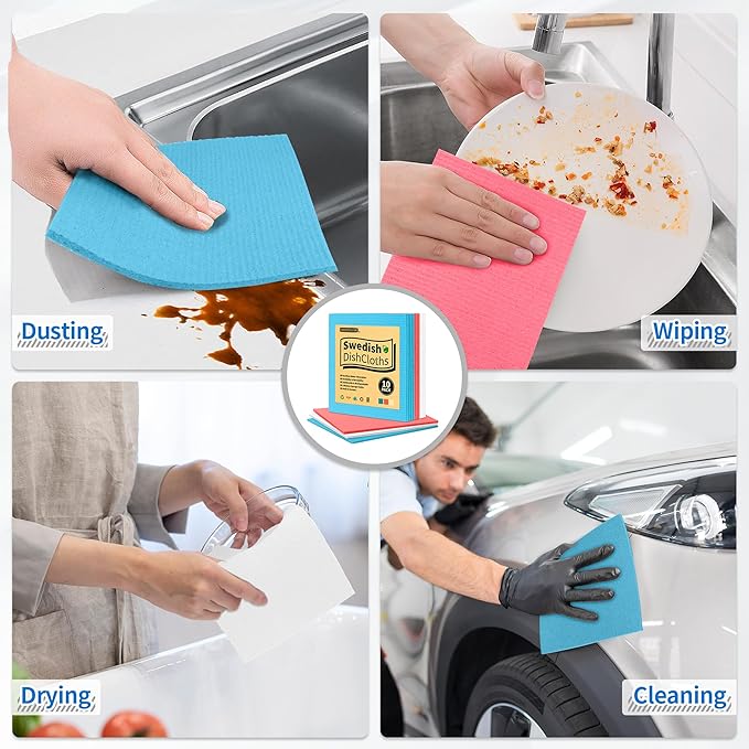 Swedish Dishcloths, 10 Pack Kitchen Towels Dish Rags, Absorbent Swedish Dish Towels for Kitchen, Non-Scratch Cellulose Sponge Cloths, Biodegradable Washable Reusable Paper Towels, Assorted