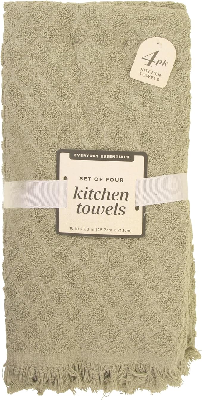 MosJos Kitchen Towels, Set of 4 Hand Towels, Sage Taupe Diamond Pattern Drying Towels 18 x 28 Super Absorbent Cotton Hand Cloths with Fringed Edges, Everyday Essentials Kitchen Linens