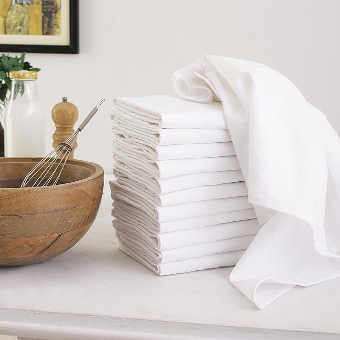 DG Collections Flour Sack Tea Towels13 Pack, 27 x 27 Ring Spun 100% Cotton Dish Cloths - for Cleaning and Drying - Highly Absorbent - White