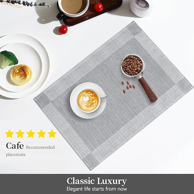 Bloss Placemats Set of 4, Linen Woven Place Mats for Kitchen Table Indoor/Outdoor, 12" x 18" Washable Silver Gray Placemat Dining Table Mats