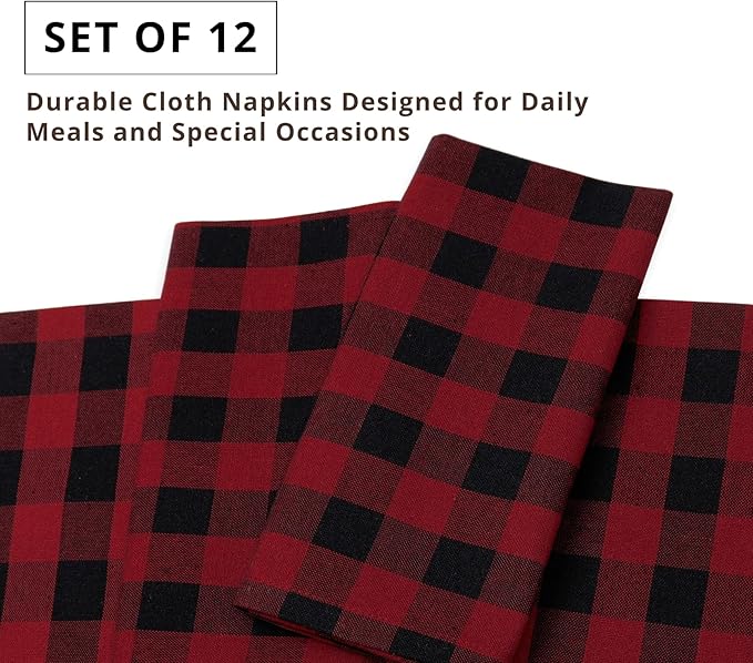 PurpleEssences Buffalo Plaid Cloth Napkins - Mitered Corners - Spring Easter Summer - Gingham Check Dinner Napkin - Set of 12-100% Cotton - 18x18 Inch - Reusable Washable - Red and Black