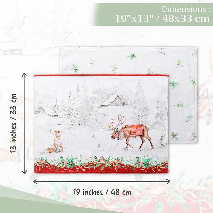 Maison d' Hermine Placemats Set of 4 100% Cotton Washable Cloth Place Mats, Reusable Table Mats for Thanksgiving Christmas Decorations Kitchen Dining Party Wedding (Christmas Tradition, 13" x 19")