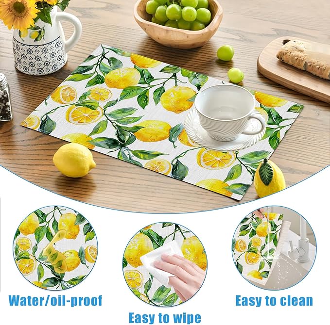 Vintage Lemon Placemats Set of 6, Washable Linen Place Mat Heat Resistant Non Slip Kitchen Dining Table Mats 12x18 Inch