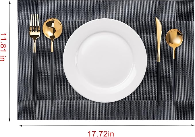 CADONO Placemats Set of 4 Washable Indoor/Outdoor Vinyl Place Mats for Dining Table Durable Non-Slip Heat Resistant PVC Weave Table Mats（Four-Corner-Black）