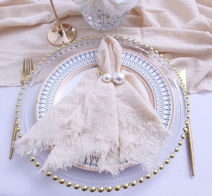 Cloth Napkins with Fringe Gauze Napkins Set of 6,100% Natural Soft Cotton,Washable Napkins Great for Weddings Decorative ,Dinner Parties,Family Everyday Use (6pack, Beige)
