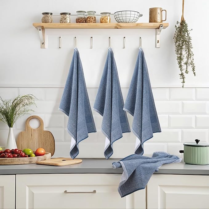 Mordimy Premium Kitchen Towels 8 Pack (18 x 28 Inches, Navy Blue), Large Cotton Kitchen Hand Towel, Flat & Terry Dish Towels for Drying Dishes, Super Absorbent Tea Dishtowels Set with Hanging Loop