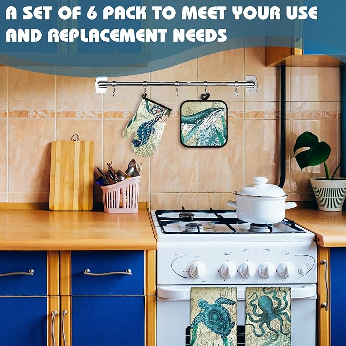 6 Pcs Sea Ocean Beach Kitchen Towels Pot Holders and Oven Mitts Set Coastal Dish Towel Ocean Animal Oven Gloves Heat Resistant Potholders for Kitchen Summer Cooking Gift