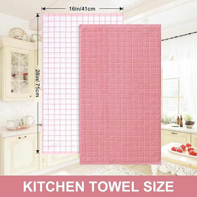 Homaxy Premium Cotton Kitchen Towels 16"x 28", Large Natural Ring Spun 390 GSM Dish Towels, Super Absorbent Terry Kitchen Hand Towels, Soft Tea Towels with Hanging Loop, Pink Check Design, 6 Pack