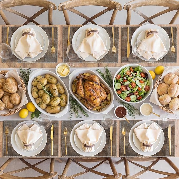 Emvency Farmhouse Placemats Set of 6,12x18 Inch Linen Rectangular Place Abstract Rustic Neutral Modern Brown Table Mats for Indoors & Outdoor Home Party Kitchen Dining Decoration