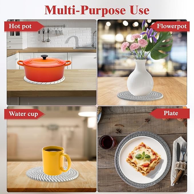 CATIFLIN 8 Inch Heat Resistant Trivets for Hot Dishes, 5-Pack Cotton Woven Pot Holders & Hot Pads Set – Kitchen Countertop & Table Protector, Home Essentials Decor