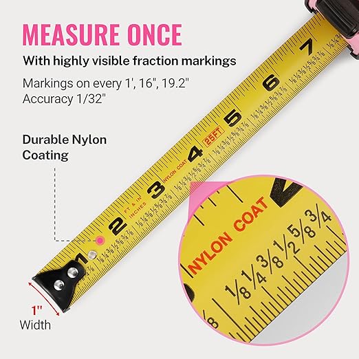 WORKPRO 25-FT Tape Measure with Fractions, 3 Brakes Retractable Measuring Tape, Compact Measurement Tape with Magnetic Hook, Nylon Coating Blade Accuracy 1/32”, Pink