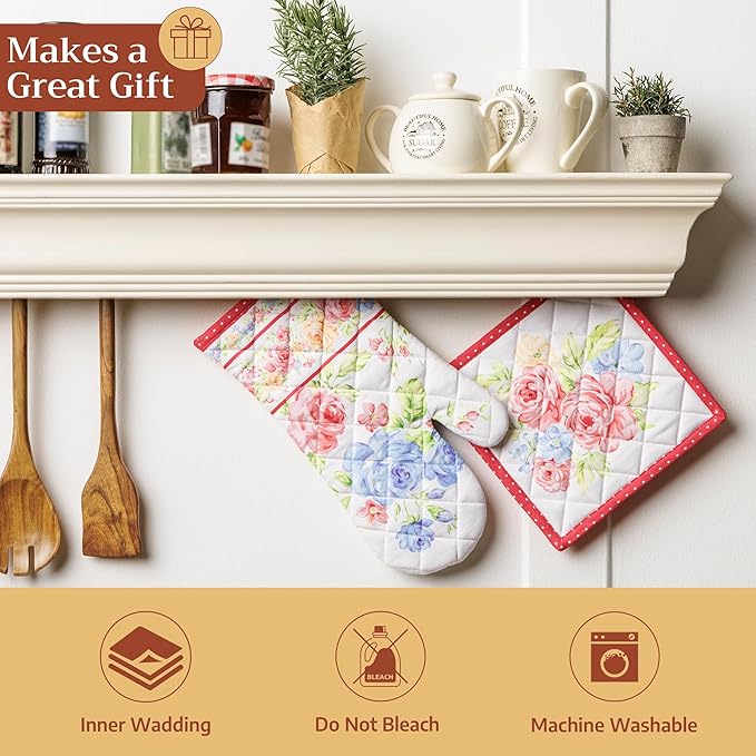 Maison d'Hermine Oven Gloves 100% Cotton Oven Mitt 7" x 13" with Loop Heat Resistant BBQ Cooking Gloves Baking Grilling Gifts for Mothers Day Spring/Summer (Pack of 1, Vintage Floral)