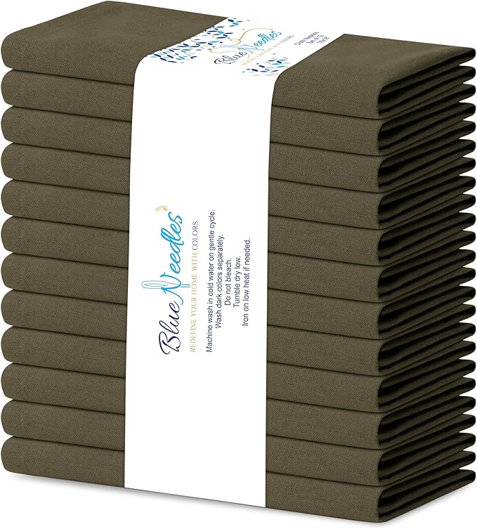 Blue Needles Solid Cloth Napkins Set of 12 Olive Green 100% Cotton Dinner Napkins 18x18 inches, Soft, Reusable, Absorbent & Washable Linen, Ideal for Spring Summer Easter Events Parties & Everyday Use
