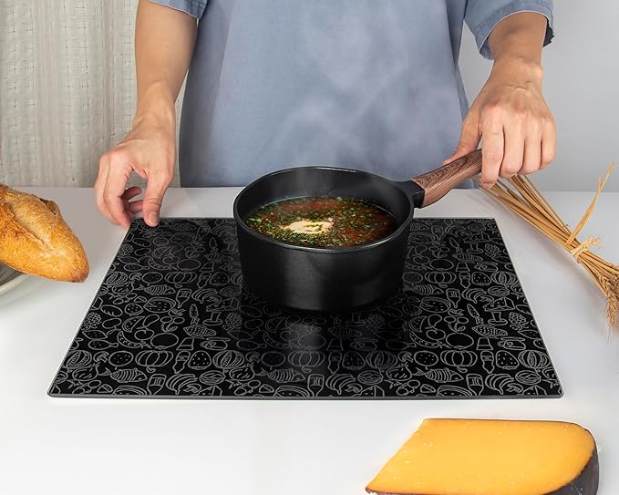 Kitchenville Glass Cutting Board 16"x12": Tempered Glass Kitchen Counter Protector - Durable- Scratch-Resistant, Heat-Proof - Design 4 - Black Design