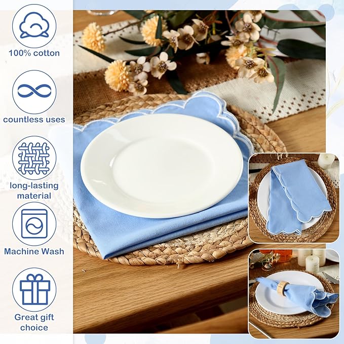Mindsoft 8 Pcs Blue Wedding Cloth Napkins Scalloped Embroidered Dinner Napkins 100% Cotton Reusable Washable Decorative Table Napkin for Weddings Dinner Restaurant Party Decoration, 18 x 18 Inch