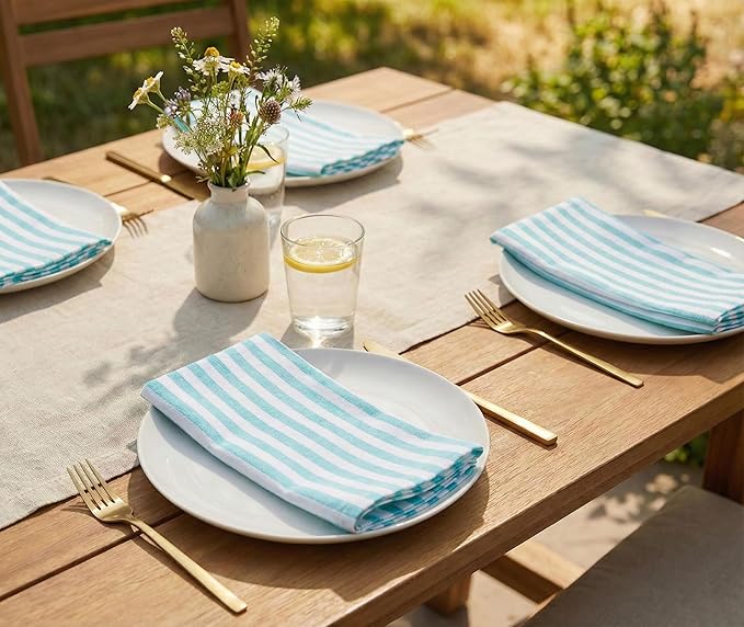PurpleEssences Plain Striped Cloth Napkins - Set of 12-100% Cotton - 18 x 18 Inch - Spring Easter Summer and Perfect Everyday Use Dinner Napkin - Aqua Blue White