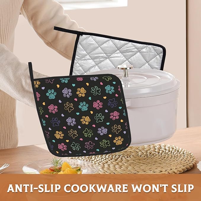 Doodle Paw Print Pot Holder Set of 2,Kitchen Heat Resistant Potholder for Women Men BBQ Cooking Baking