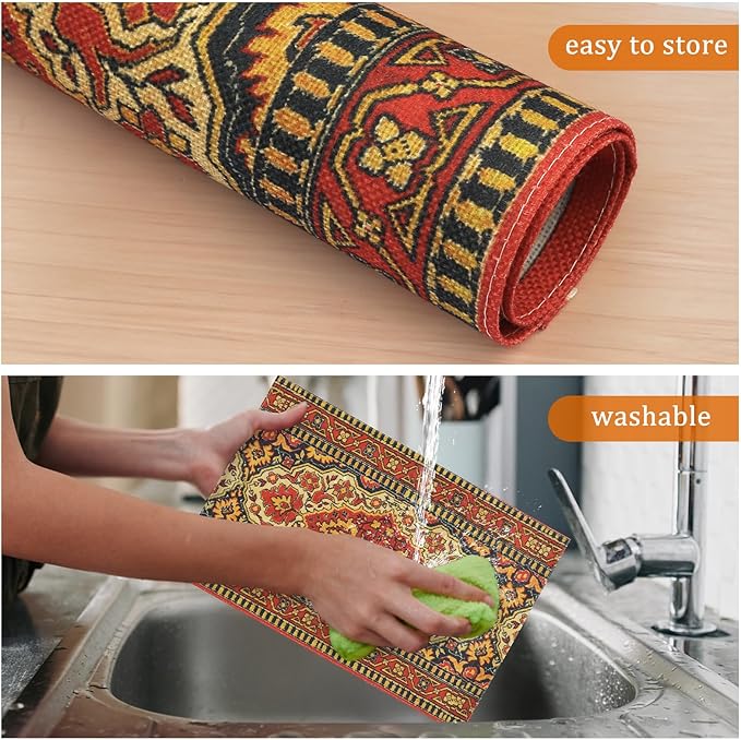 comfoyar Boho Vintage Red Placemats Set of 4, 12x18Inch Non-Slip Linen Bohemia Flower Place Mats, Washable Absorbent Rustic Country Style Table Mats for Framhouse Kitchen Dining Party Table Decoration