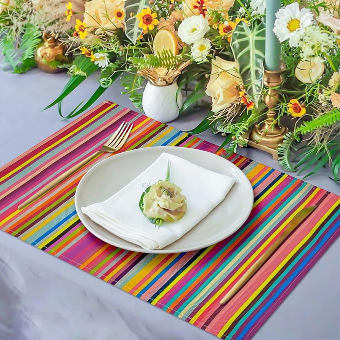 Rainbow Placemats Set of 6, 12x18 Inch Heat-Resistant Washable Easy to Clean Place Mats, Faux Linen Cloth Table Mats Suitable for Indoor/Outdoor Parties & Kitchen Decor (Rainbow)