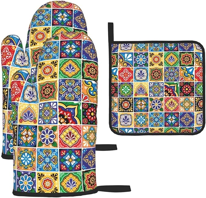Mexican Talavera Tile Oven Mitts and Pot Holders Sets of 3, Heat Resistant Non-Slip Polyester Colorful Talavera Kitchen Gloves Gifts for Cooking Lovers, Vibrant Kitchen Decor for Baking BBQ Cooking